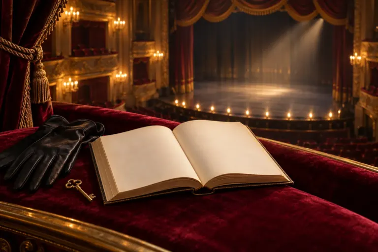 Ilustración de un libro abierto, guantes negros y una pequeña llave en un palco con vistas a un escenario vacío.