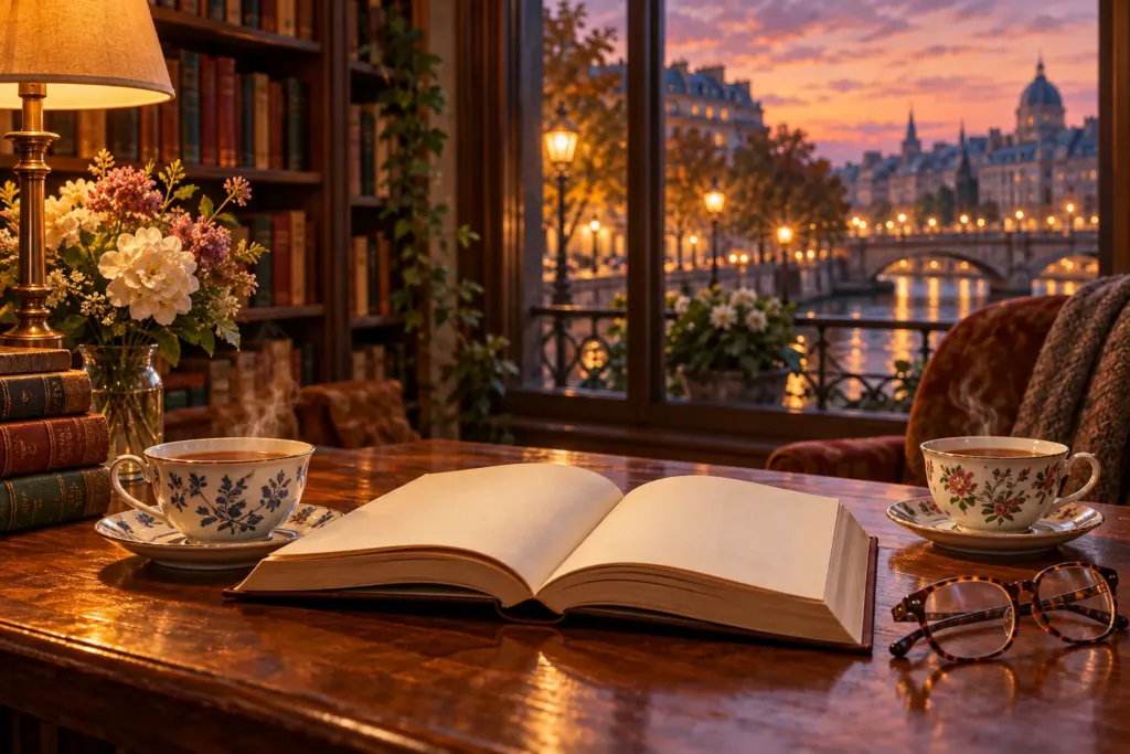 Illustration of an open book, two steaming cups and glasses by a window overlooking a river and city at dusk.