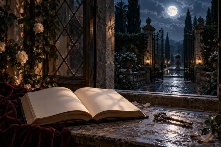 Ilustración de un libro abierto y una llave ornamentada junto a una ventana con vistas a la puerta de un jardín iluminado por la luna.