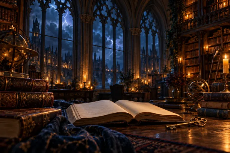 Illustration of an open book and a key on a desk in a candlelit library, with lightning visible through tall windows.