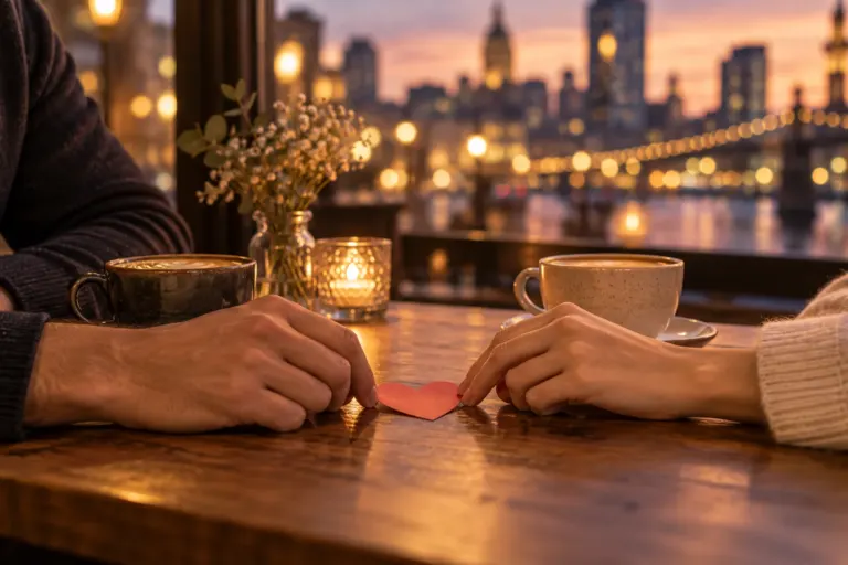 Illustrazione delle mani di due persone che toccano un cuore rosso di carta su un tavolo di un caffè, con tazze e una città affacciata sull’acqua sullo sfondo.