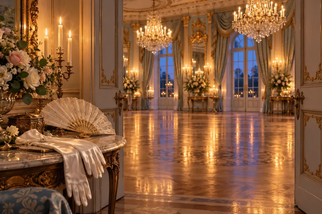 Ilustración de un abanico y guantes blancos sobre una mesa, ante un salón de baile vacío iluminado con velas.