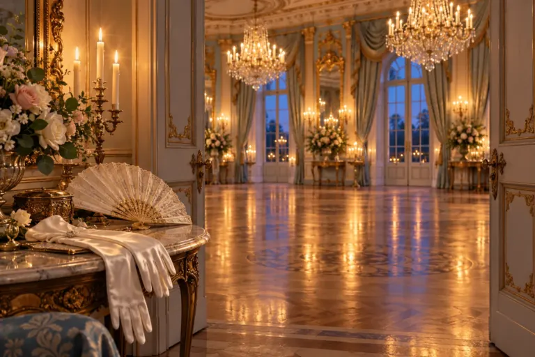 Ilustración de un abanico y guantes blancos sobre una mesa, ante un salón de baile vacío iluminado con velas.