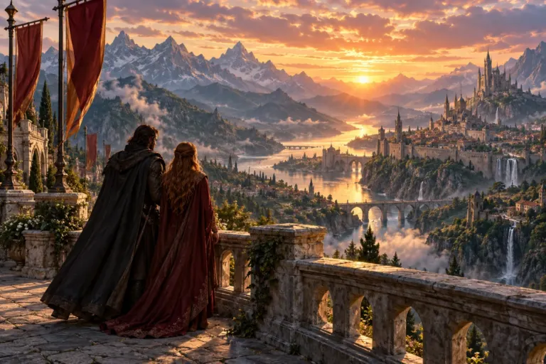 Illustration de deux personnes portant des capes sur une terrasse qui domine un château, une rivière et des montagnes au coucher du soleil.