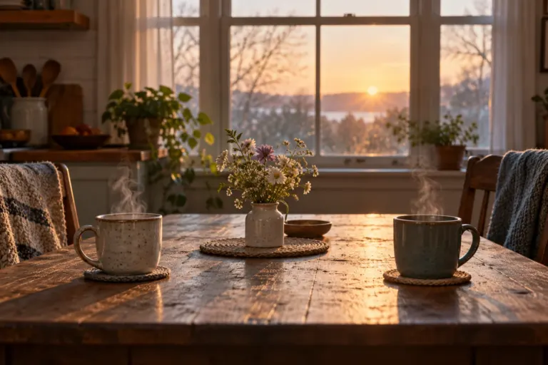 Ilustração de duas xícaras fumegantes e flores sobre uma mesa de madeira junto a uma janela iluminada pelo sol.