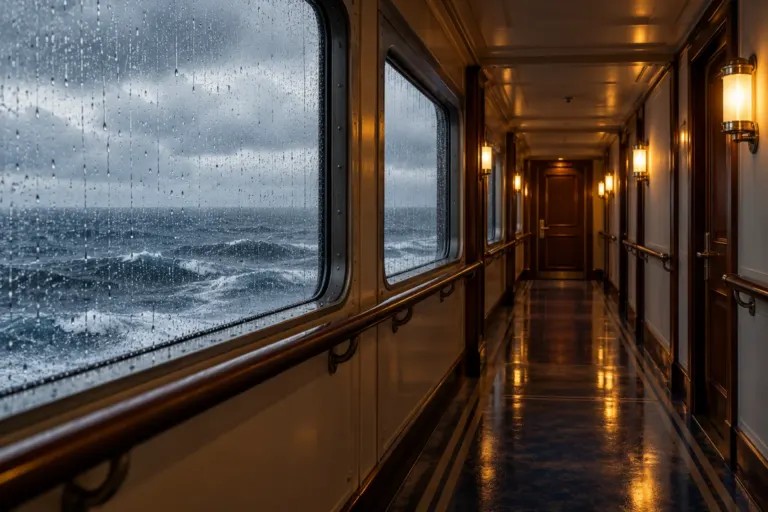 Illustration of a lit corridor with rain-streaked windows overlooking rough ocean waves.