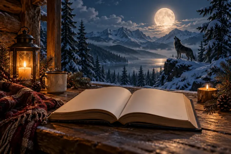 Illustration d’un livre ouvert et d’un loup devant une forêt enneigée au clair de lune.