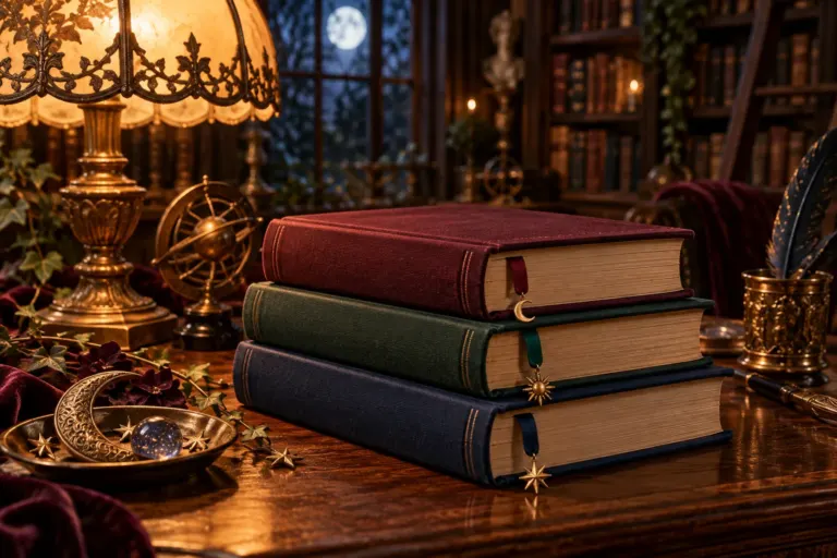 Illustration von drei leinengebundenen Büchern mit himmlischen Lesezeichen in einer Bibliothek im Lampenlicht.
