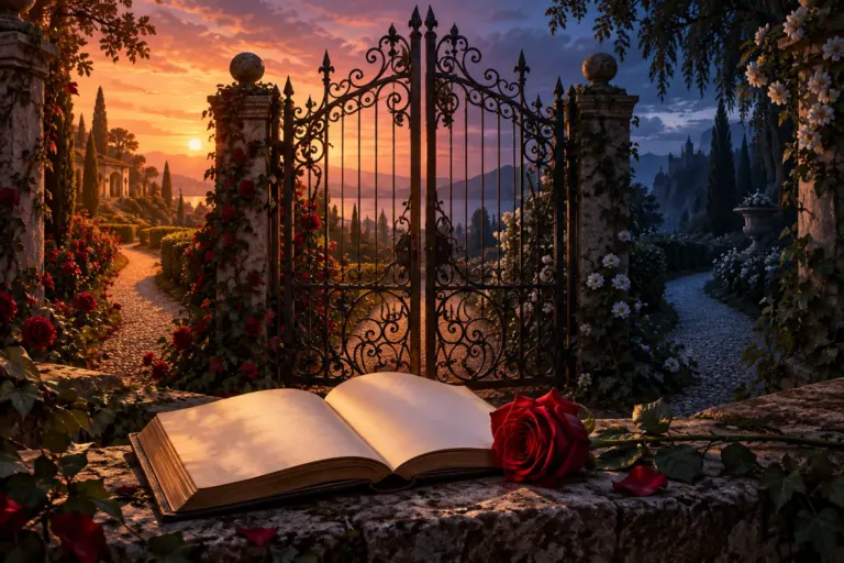 Ilustración de un libro abierto y una rosa roja ante una verja de jardín al atardecer.