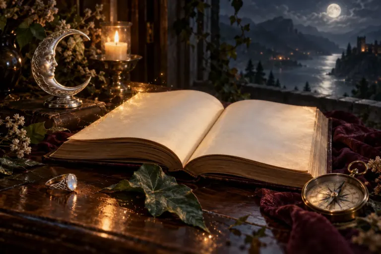 Illustration of an open book with a crescent ornament, ring, leaf and compass under moonlight.