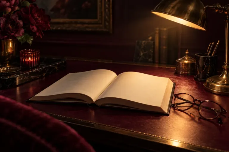 Illustration of an open book and reading glasses on a burgundy desk under a lamp.
