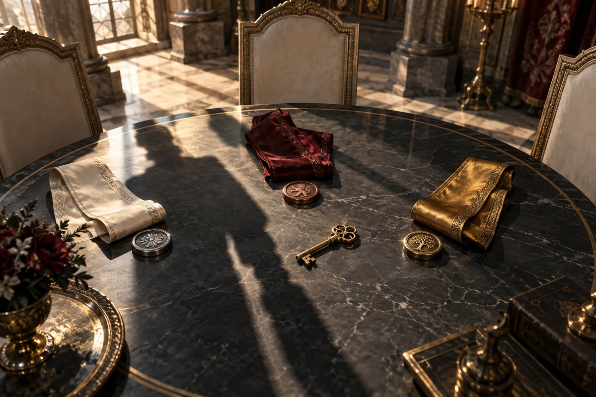 Three colored sashes and decorative metal seals surround a key on a palace council table.
