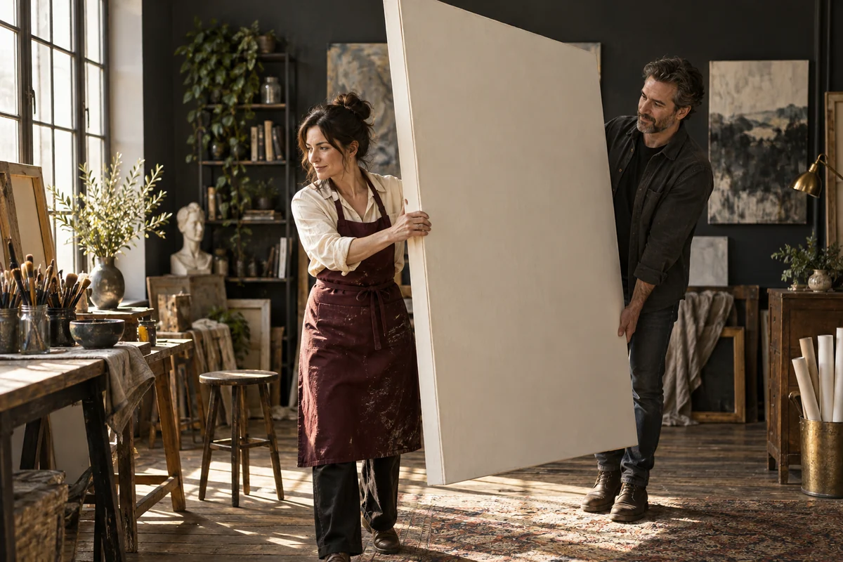 Two adults carry a large blank canvas through an artist’s studio.
