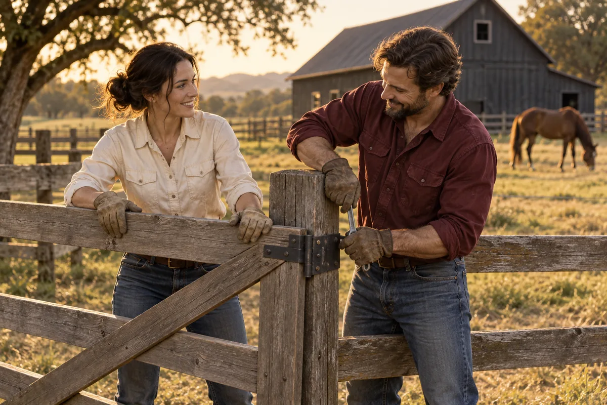 Two adults cooperate to repair a wooden ranch gate in a sunlit pasture.