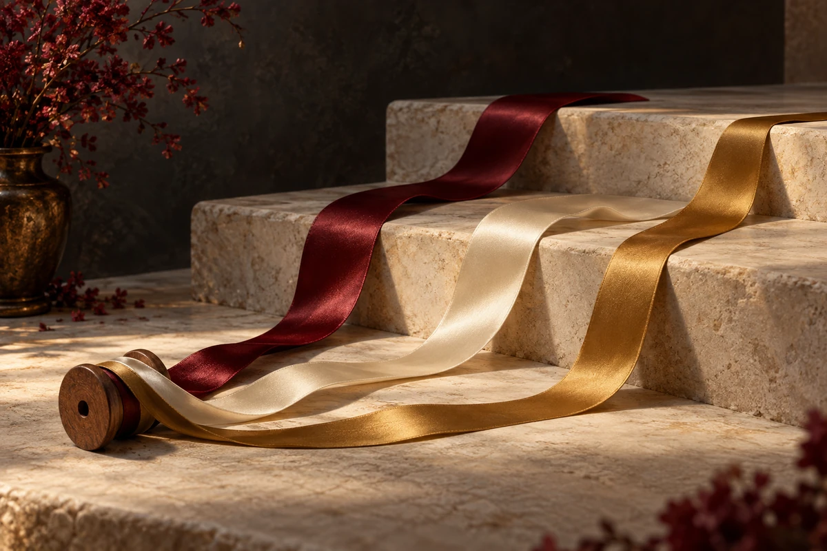 Three satin ribbons resting at different heights on shallow stone steps.