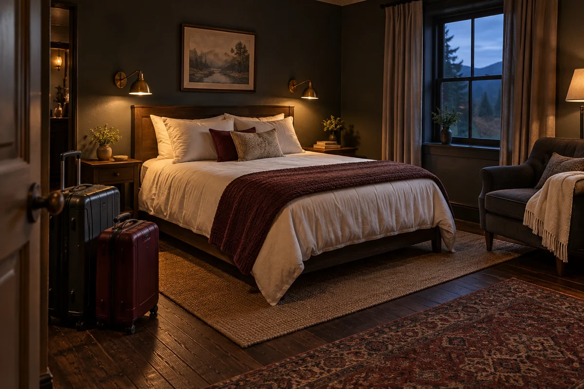 Una habitación de huéspedes con una cama, dos maletas y un sillón con una manta adicional.