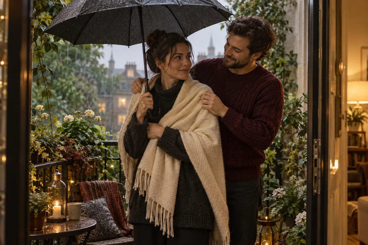 Uma mulher segura um guarda-chuva sobre os dois adultos enquanto um homem sorridente põe um xale em seus ombros.