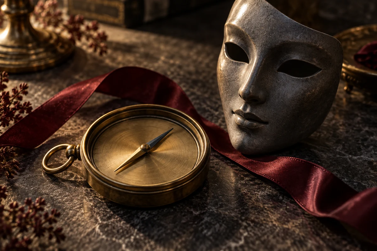 A brass compass and a grey theatrical mask rest on dark stone beside a burgundy ribbon.