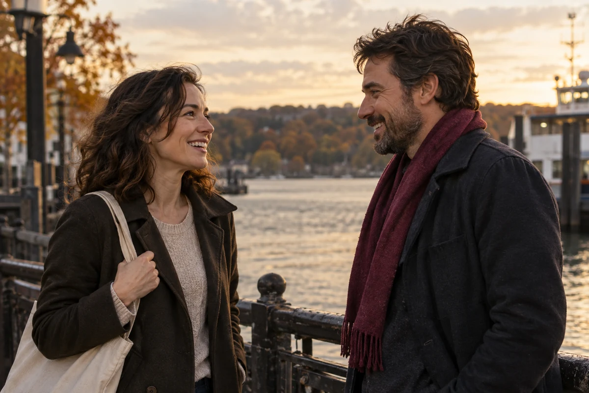 Two adults smile at each other beside a waterfront railing.