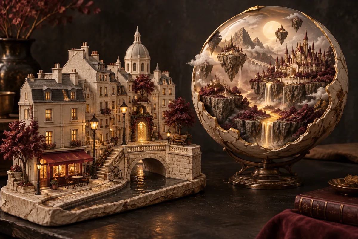 Une ville miniature se trouve près d’un globe sculpté contenant un château imaginaire et des îles flottantes.