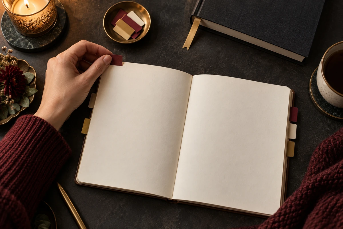 Um caderno de leitura em branco com abas coloridas ao lado de um romance sem inscrições.