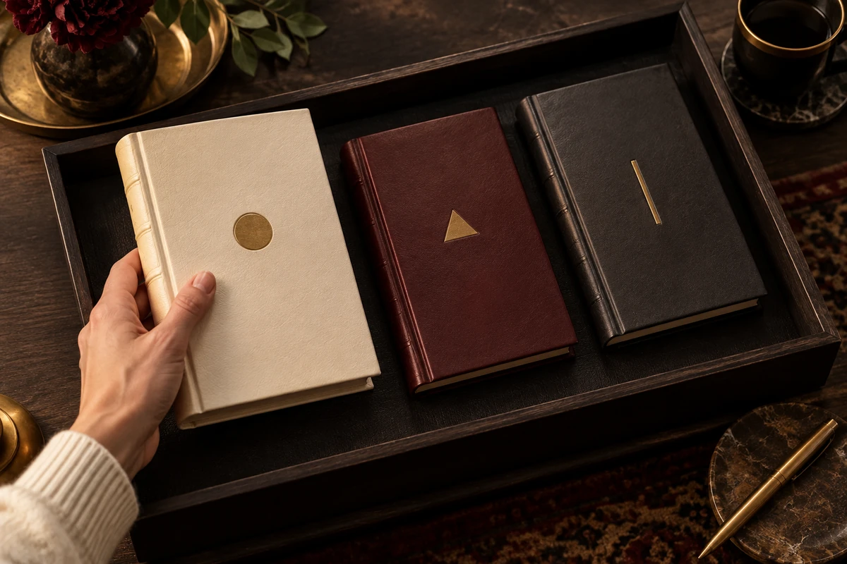 Eine Hand hält ein cremefarbenes Buch neben burgunderroten und dunkelgrauen Büchern mit einfachen goldenen Formen.