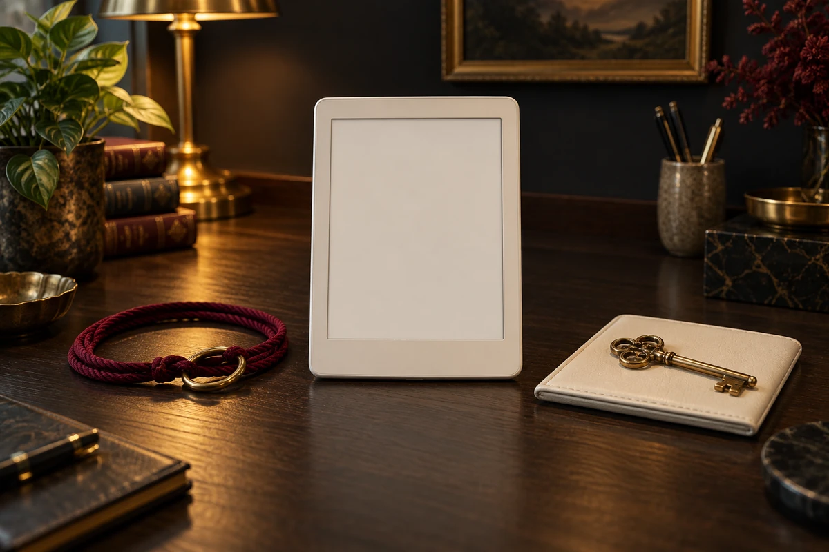A blank cream e-reader beside a burgundy cord loop and a separate brass key.